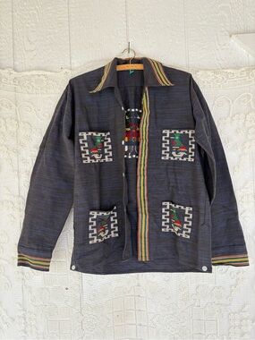 Vintage Handwoven Dark Navy Embroidered Men's Shirt with Multicolor Trim